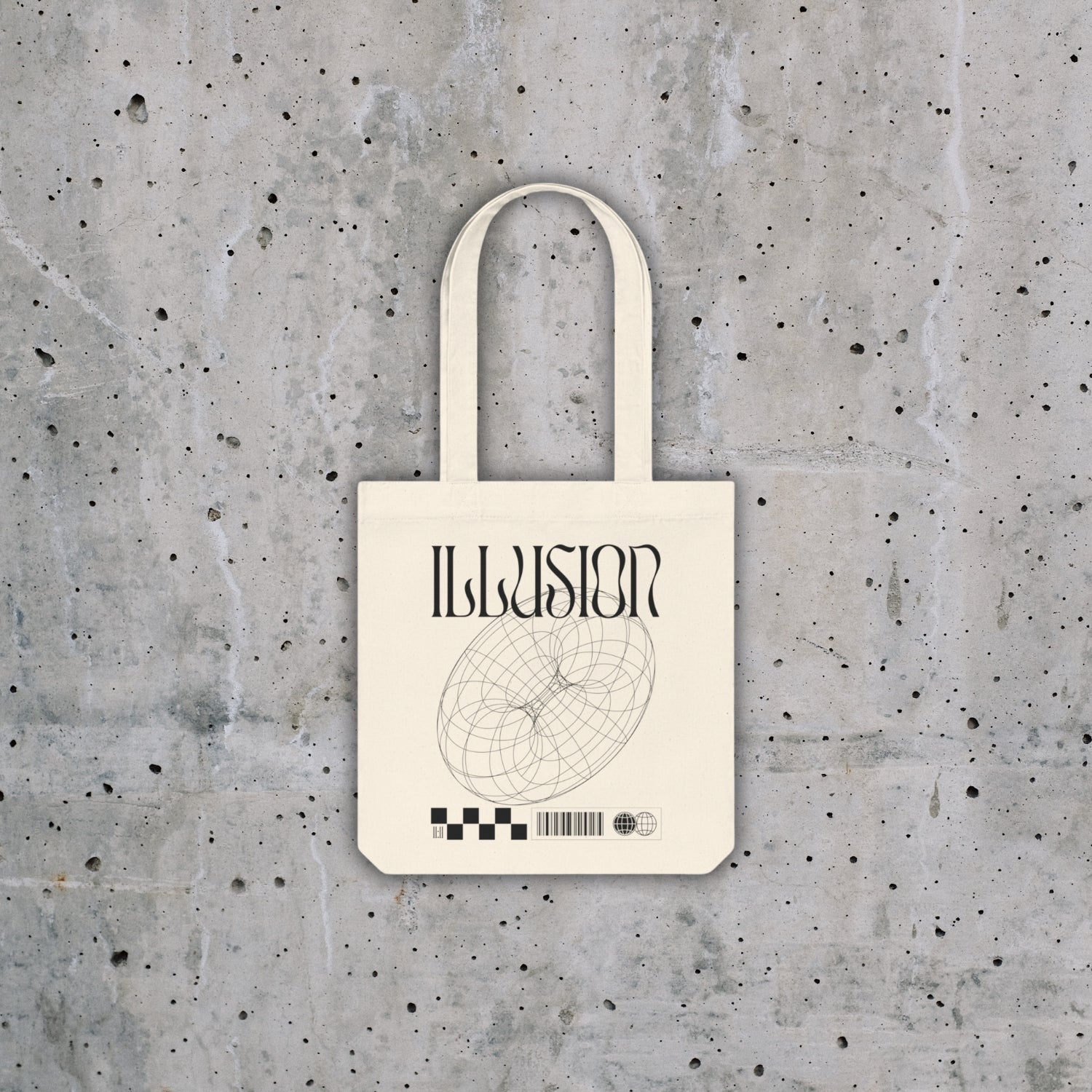 Totebag couleur naturel avec impression "Illusion" couleur noir sur la face avant.